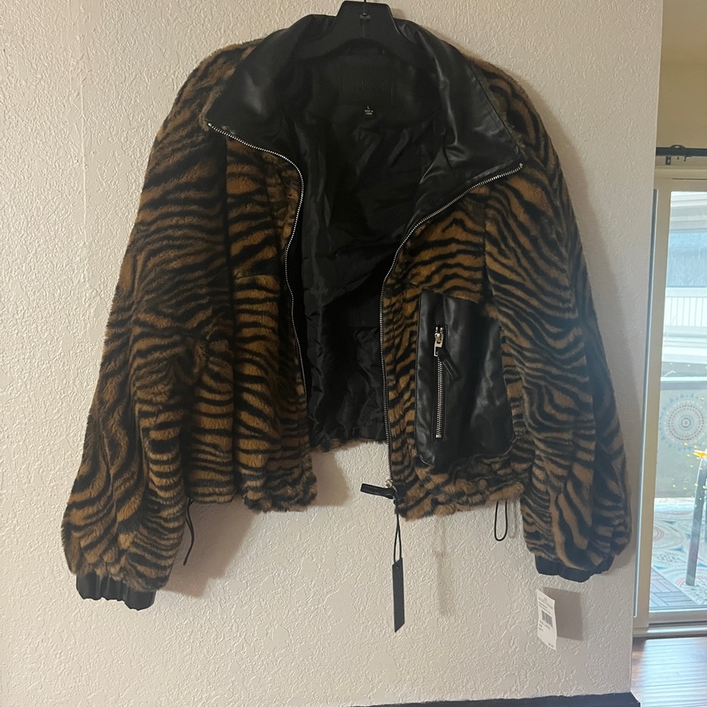 BlankNYC Faux Fur Tiger Print Jacket with Black Accents